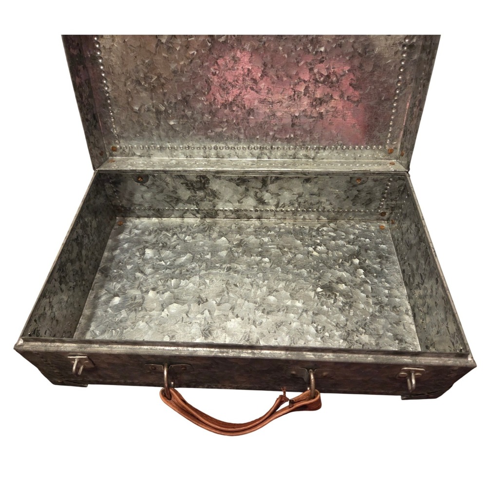 Galvanized Metal Storage Trunk  Silver Industrial Rustic Box Leather Handle - Picture 2 of 7